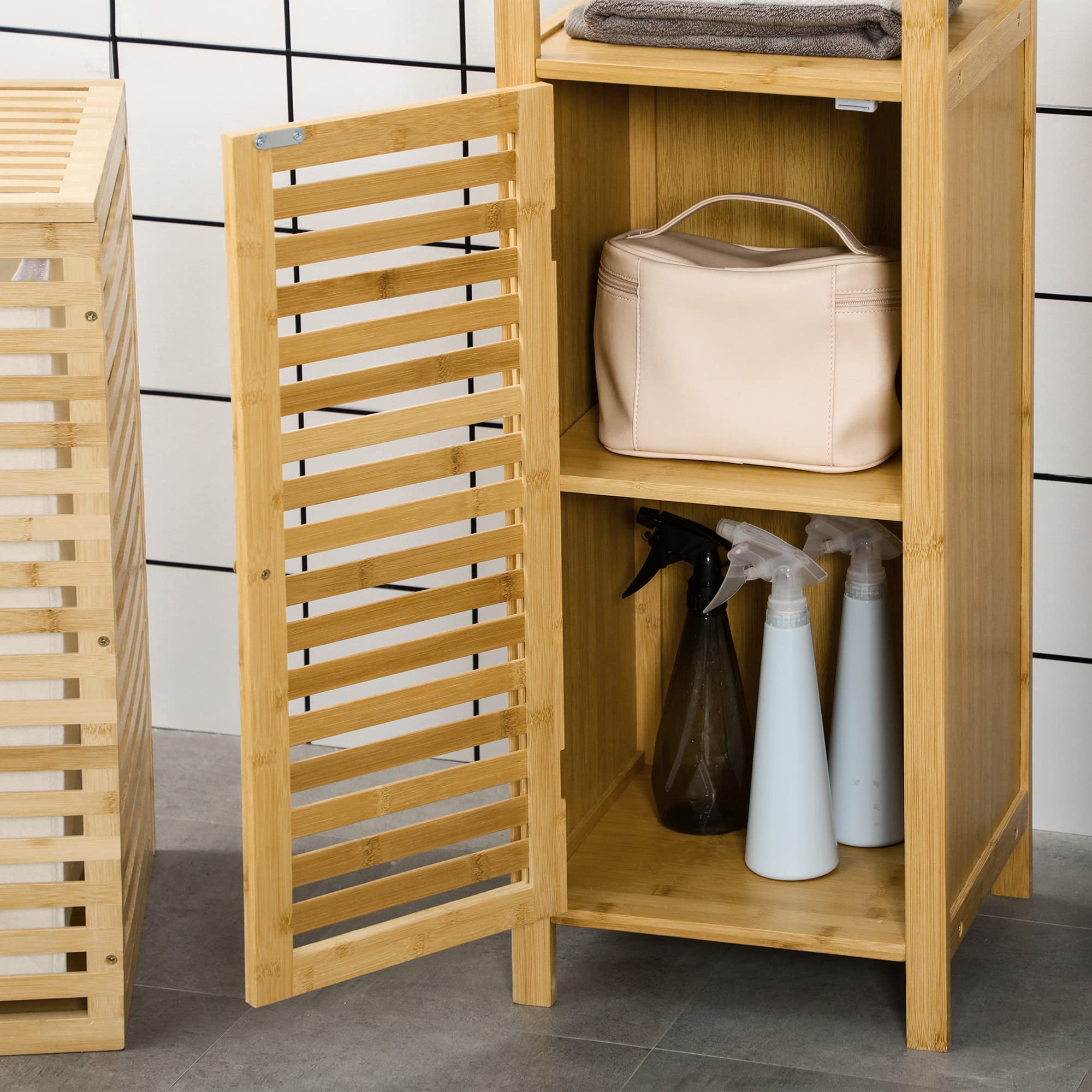 kleankin Meuble Colonne Salle de Bain en Bambou, Armoire de Salle de Bain Haute avec 2 étagères Ouvertes et Placard, Meuble de Rangement pour Salon, WC, 32,9 x 29,9 x 120 cm, Bois Naturel