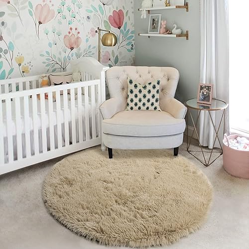 Miniatura 5 de Alfombra redonda esponjosa de pelo largo para dormitorio, 5 x 5 pies, alfombra afelpada mullida para decoración de habitación de niños,