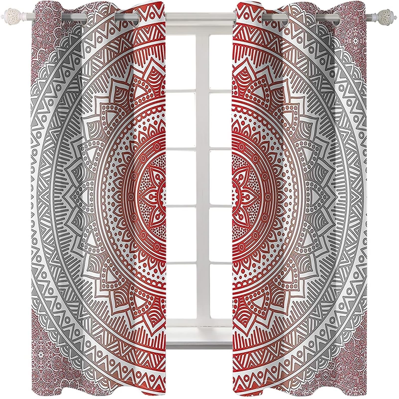 Zasłony do salonu, 2 panele, 2 x 54 x szer. x 244 cm wys., zasłony zaciemniające do sypialni okna szaro-czerwone białe mandala wzór zasłony zaciemniające z przelotkami