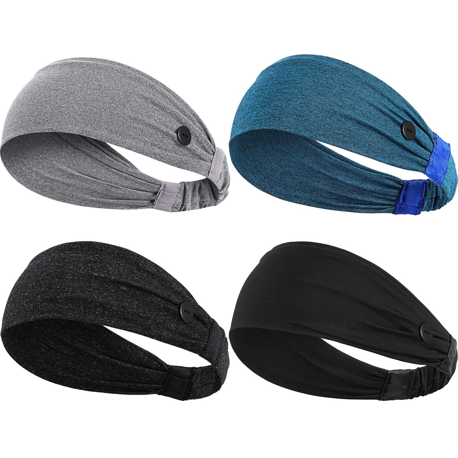 4 Pieces Headband with Buttons, Elastic Buttons Headbands Non-slip Sport Headband Yoga Workout Running Turban for Nurses Doctor Friends Running Sports Fitness (Black, Navy, Dark Grey, Light Grey)