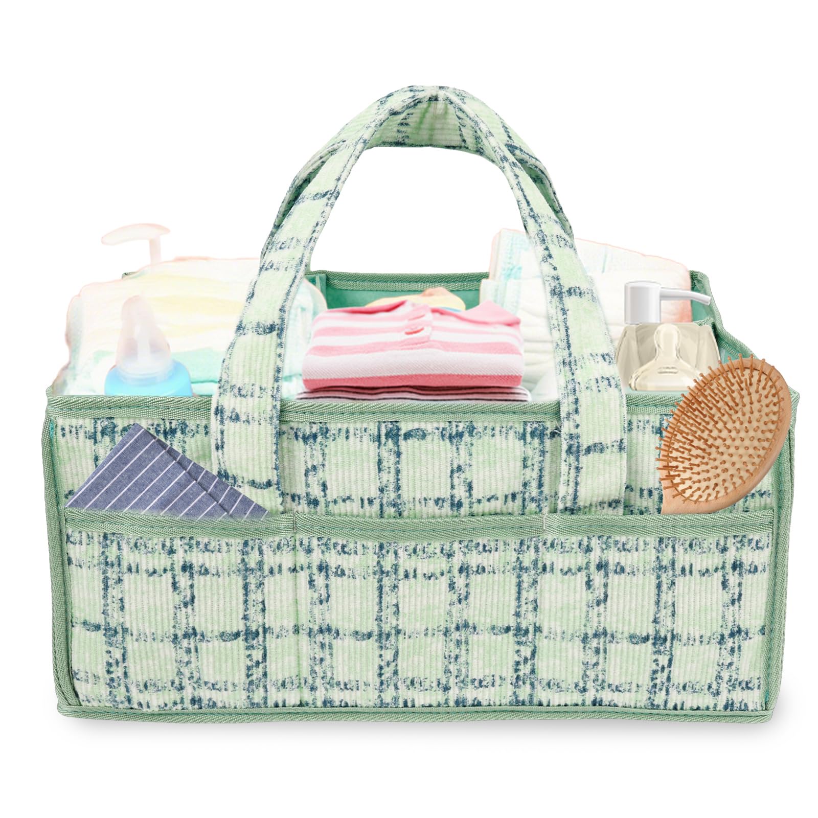 Sesaver Baby Nappy Caddy Nursery Storage Bin with Compartments and Handle Portable Baby Diaper Caddy Organizer, Newborn Nappy Wipes Basket Easy to Clean Newborn Essentials for Boy or Girl(Green)