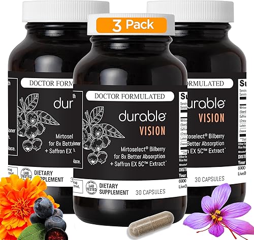 Durable Vision - Azafrán, arándano, luteína y zeaxantina - Apoya la protección de la luz azul, fatiga ocular, claridad de visión y salud macular -