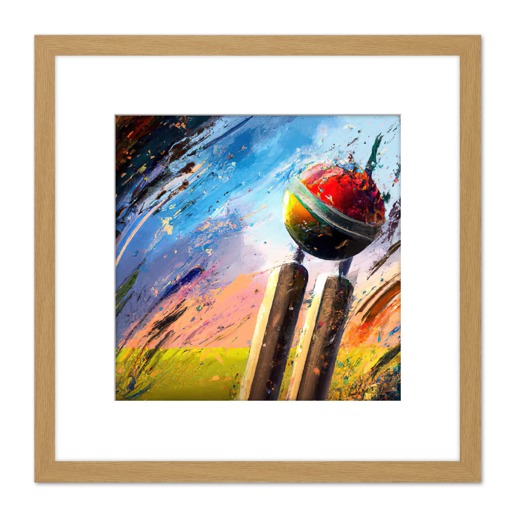 Cricket Wicket Fast Bowler Sports Splatter Style Oil Painting Square Wooden Framed Wall Art Print Picture 9X9 Inch