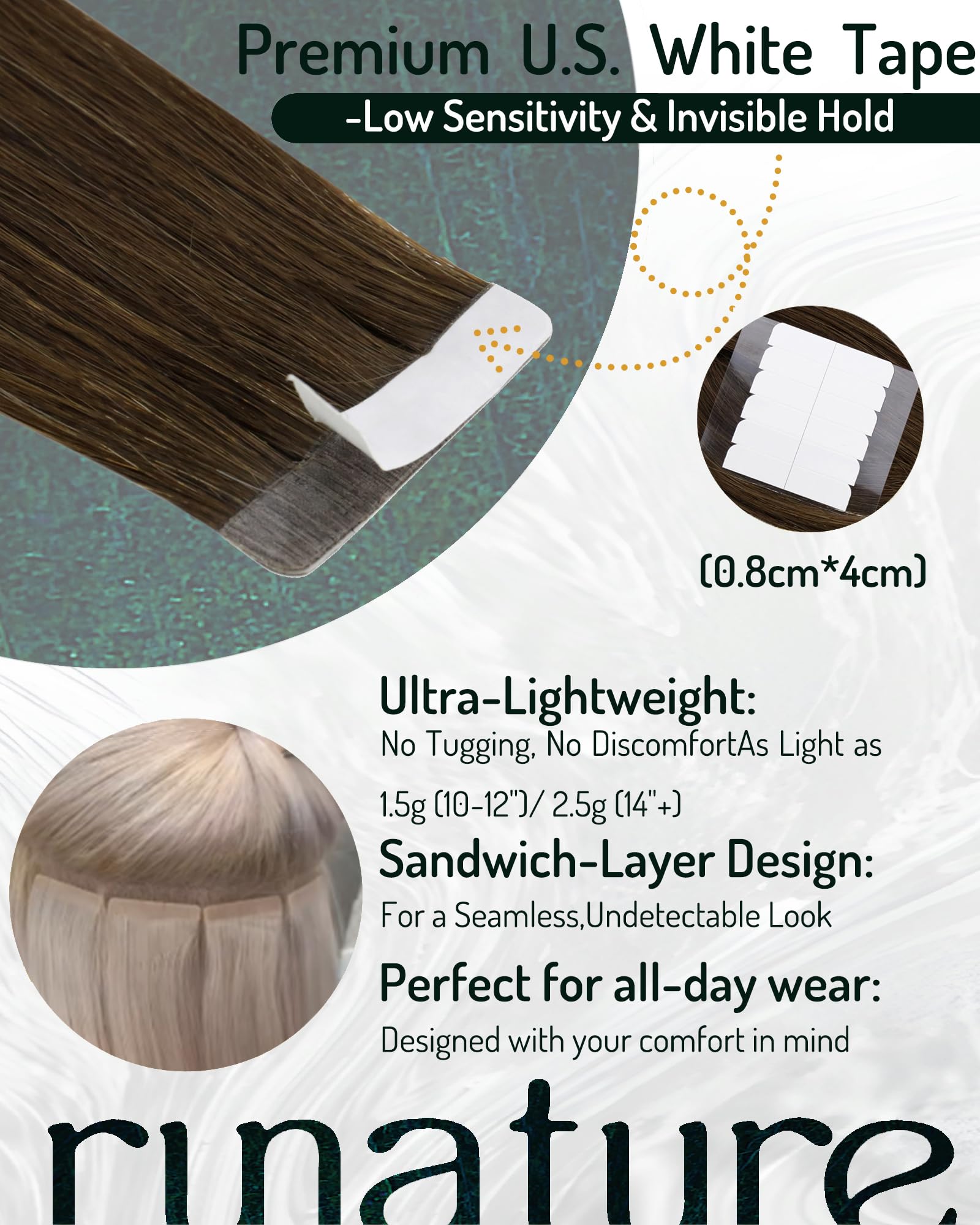 RUNATURE 28 Inch Tape in Hair Extensions Human Hair Brown Tape Hair Extensions Real Human Hair Invisible Tapes Remy Straight Dark Brown Hair 20pcs 50g #4 - Image 3