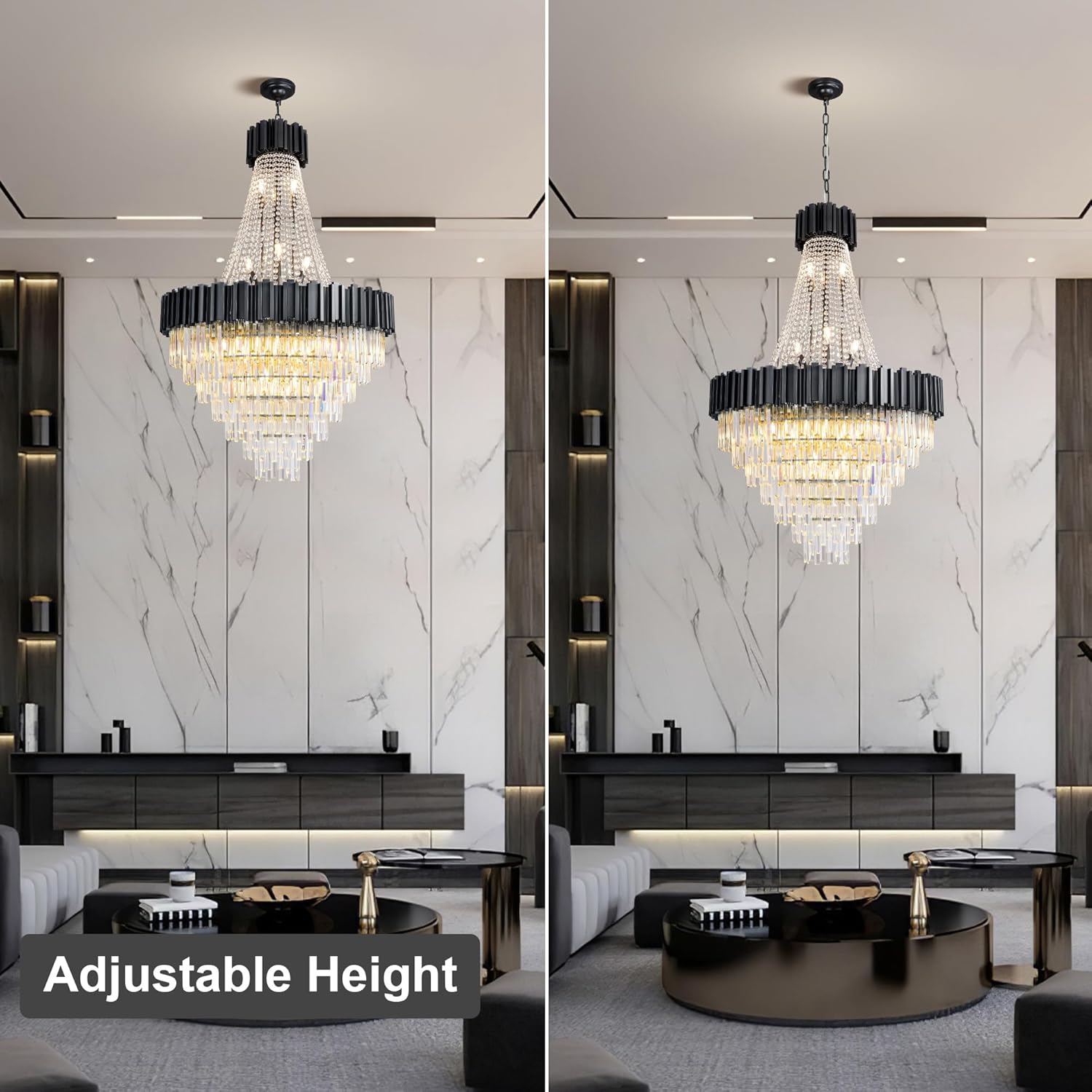 54" Black High Ceiling Chandelier, 21-Light Modern Crystal Large Chandeliers for High Ceilings, Staircase, Foyer, Entryway, Living Room, Luxury K9 Crystal Tiered Chandelier Light Fixture