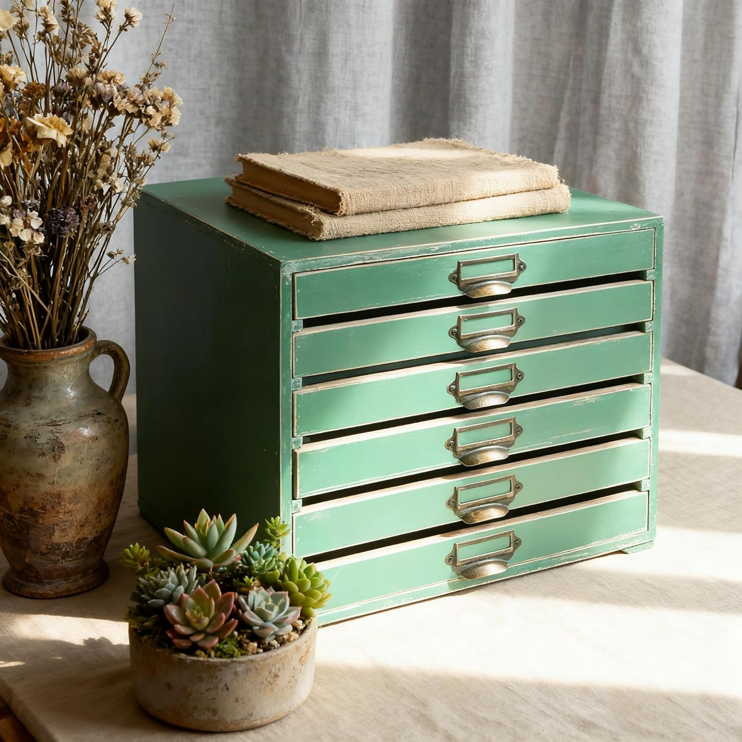 Vintage Wooden Storage Box Desktop Organizer Cabinet with 6 Drawers Rustic Farmhouse Distressed Decor Jewelry Cosmetics Craft Paper Small Tool Library Card Catalog Cabinet for Home Office Desk Green