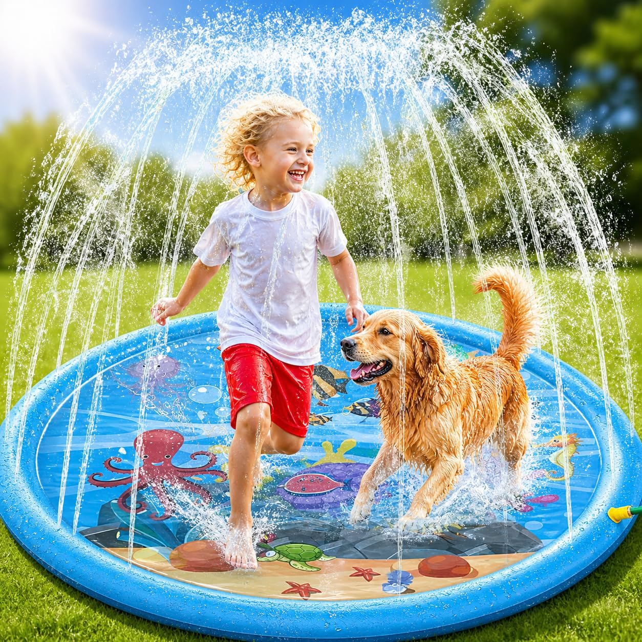 Tappetino Gioco d'Acqua, 170CM Splash Pad per Bambini Cani, Antiscivolo Tappetino Gioco Acqua, Tappetino Spruzzi d’Acqua per Giardino Estate Outdoor