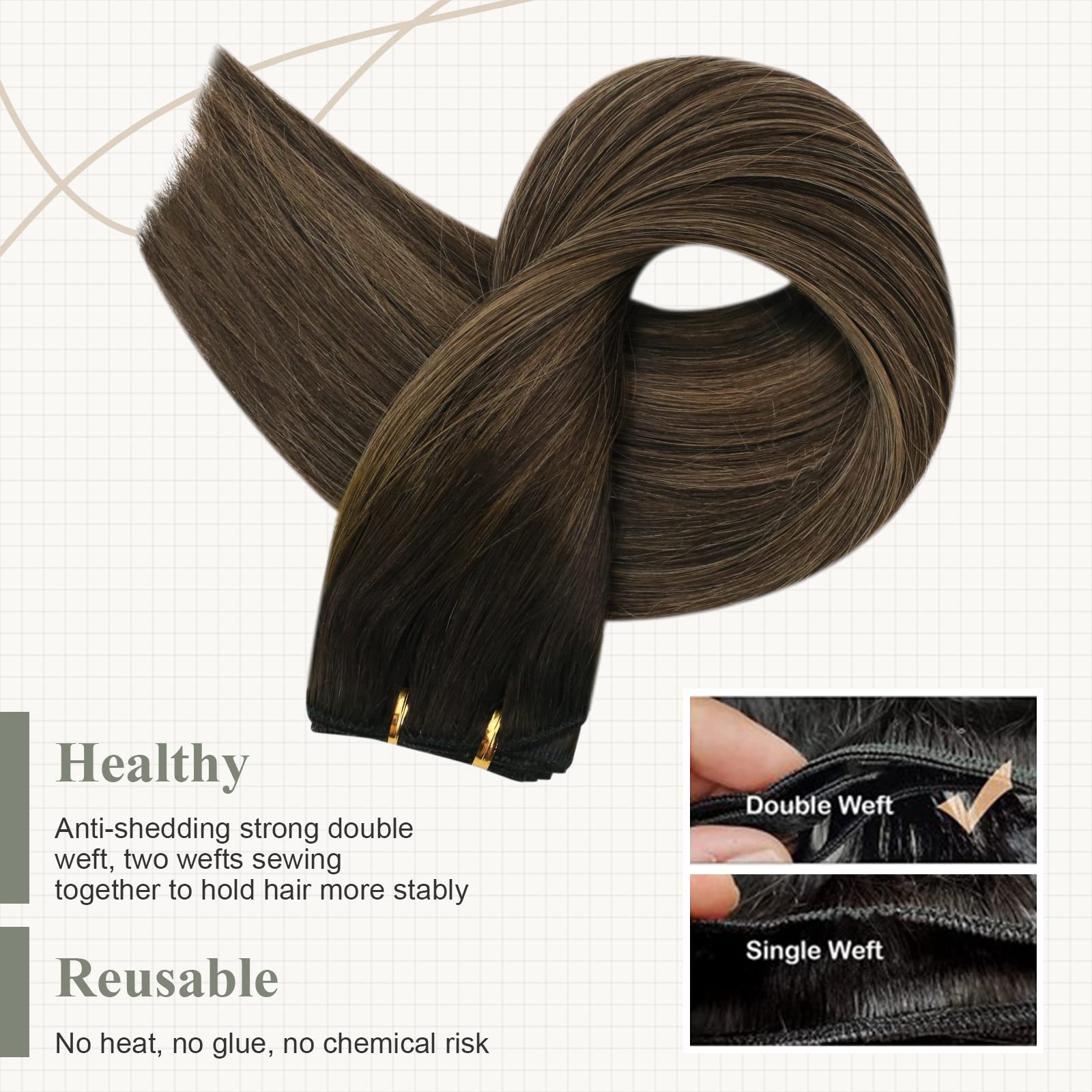 Fshine Remy Capelli Matassa Extension Balayage Da Marrone Scuro A Castano Extension Bundles Human Hair 40CM 100g Extension Cucite Capelli Extension Tessitura Remy #2/8/2