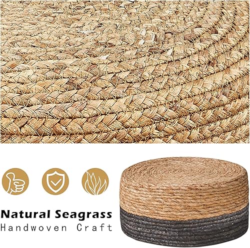 Miniatura 5 de Cpintltr Reposapiés otomano natural de algas marinas, tejido a mano, taburete redondo para sofá, escritorio, reposapiés acolchado con patas de pino