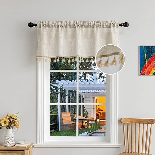 Beda Home - Cenefa de cortina con textura de lino con borlas para cocina de granjas; adorno corto rústico con filtro de luz para ventanas pequeñas,