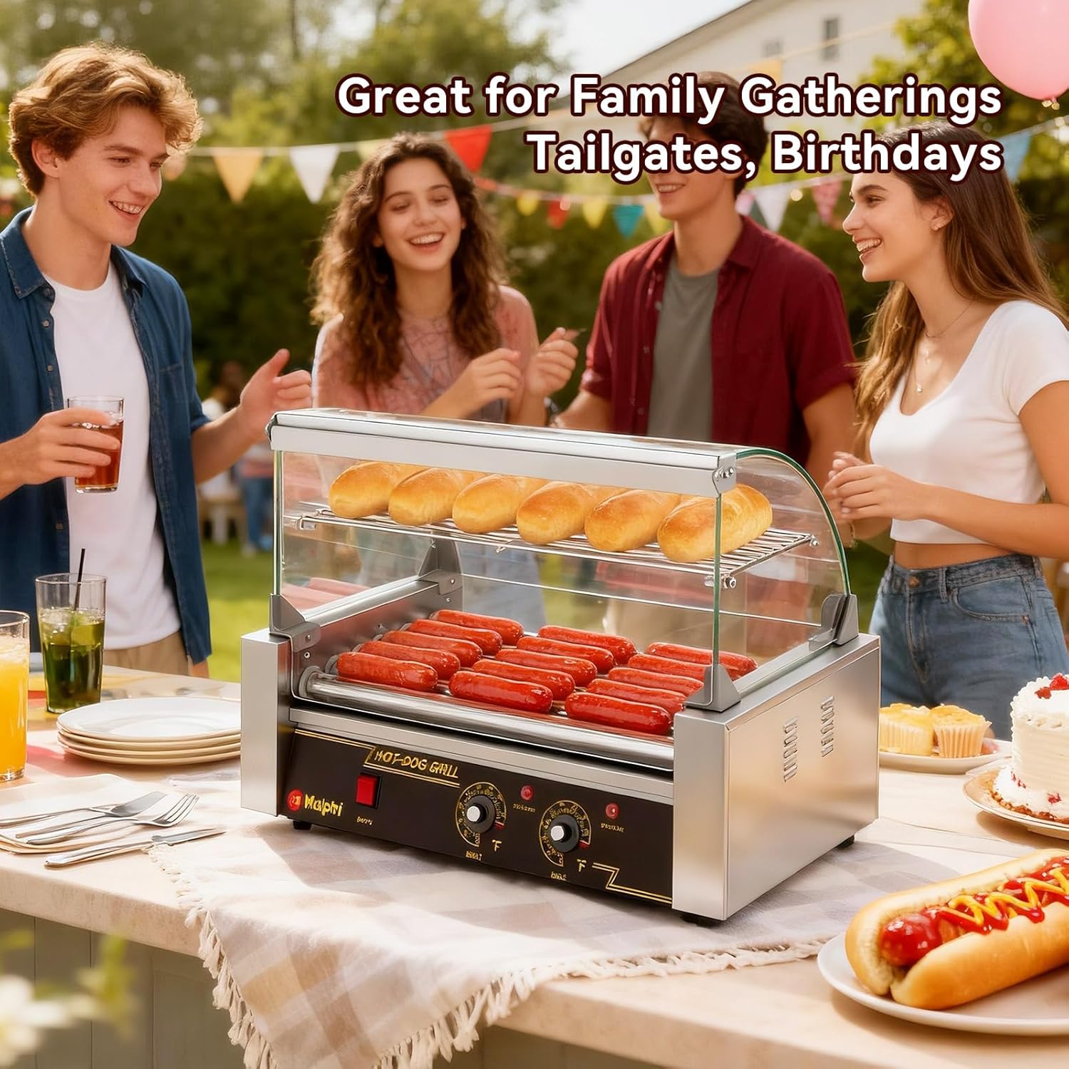 Malphi Hot Dog Roller Grill, 7 Roller with Dual Temperature Control, Stainless Steel Hot Dog Machine with Glass Cover & Bun Warmer, 1050W Commercial Hot Dog Cooker for 18 Hot Dogs ETL Certified