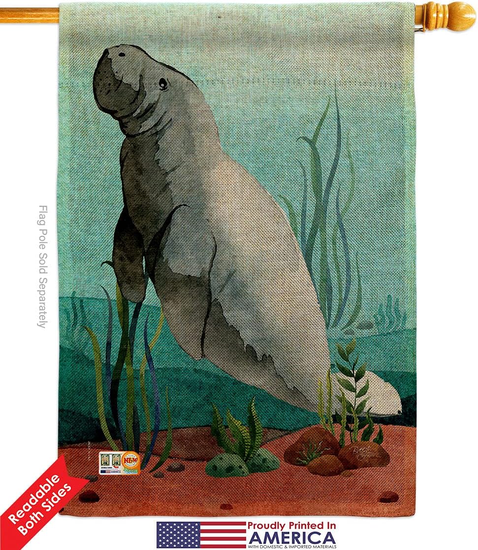 Manatees Burlap Burlap House Flag Animals Sea Creature Nautical Ocean Fish Outdoor Summer Marine Small Decorative Gift Yard Banner Double-Sided Made In USA 28 X 40