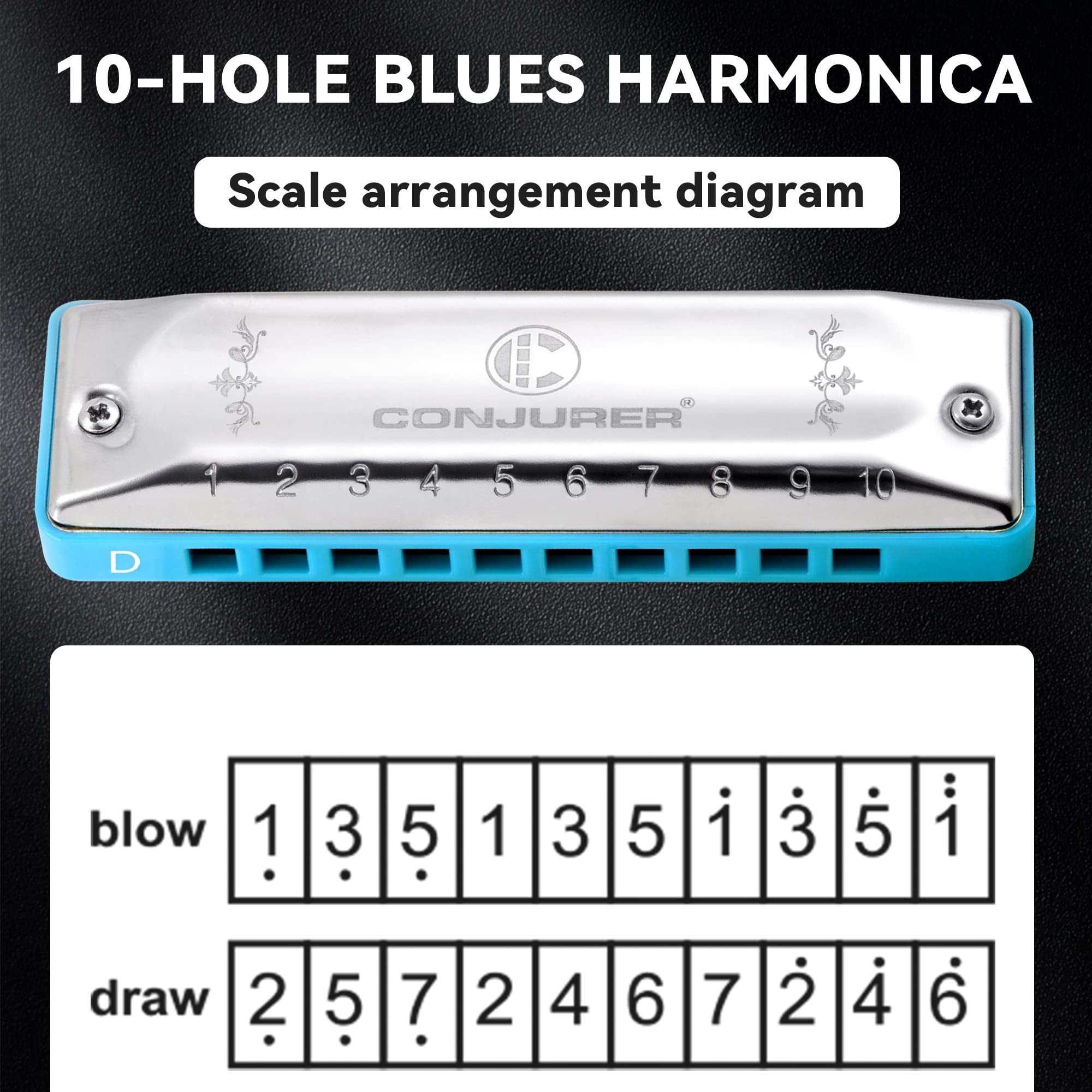 CONJURER Harmonica Blues 10 trous en clé D, harmonica pour enfants novices, harmonica diatonique standard, bonne étanchéité, convient aux débutants, avec boîte rigide et chiffon de nettoyage