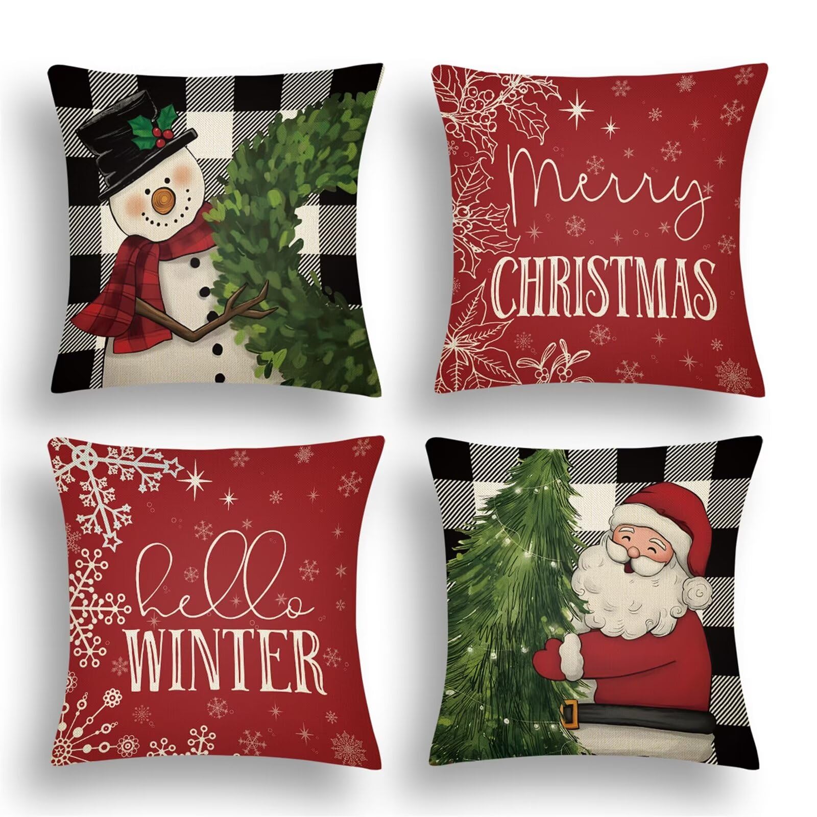 4 Pezzi Natalizi Cuscini per Divano, Natale Federe Cuscino Divano 60x60 CM Pupazzo di neve Babbo Natale, Natale Suave Copricuscini, Decorazione Natalizia per la Casa Soggiorno Natalizie Decorativi