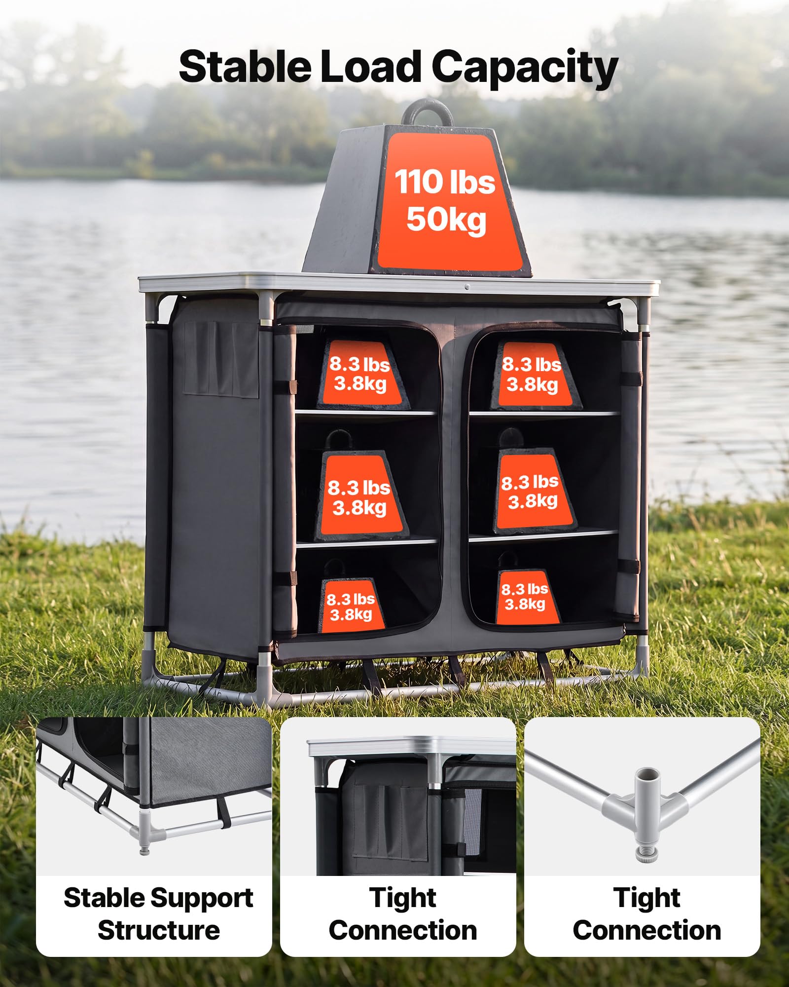 VEVOR Cocina de Camping Plegable 96 x 48 x 79 cm, Mesa de Cocina para Acampar con 6 Estantes y Bolsa de Transporte, Mueble de Camping para Picnic, Barbacoa, Fiesta, Viajes en Autocaravana, Gris