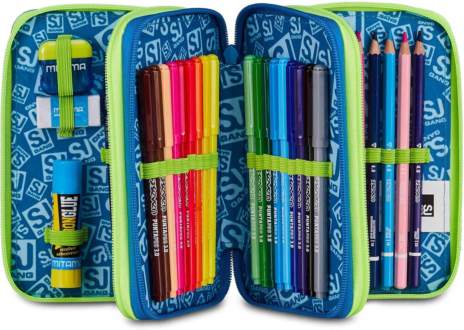 SJ GANG STYLE JAM GANG Zaino Scuola Advanced SOFT POUCH BOY, Doppio Scomparto, Applicazione zainetto 3D su tasca frontale, Tasca laterale portaborraccia. CON ASTUCCIO 3 ZIP COMPLETO DI COLORI