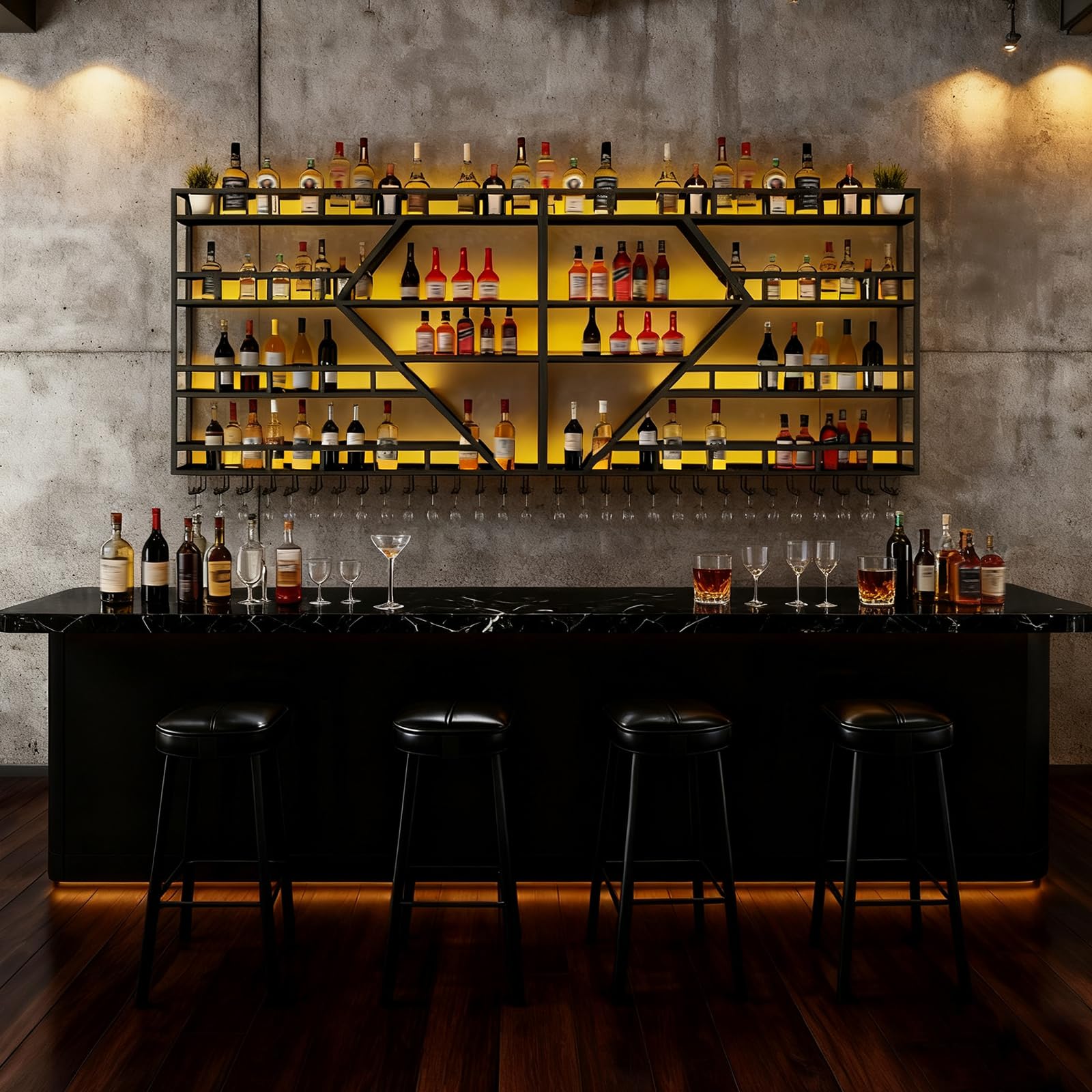 Portabottiglie da Parete, 3 livelli multifunzione Espositore Portabottiglie per Vino con Guardrail, Porta bottiglie di vino da parete con supporto in vetro (nero, 3 Tier,200cm)