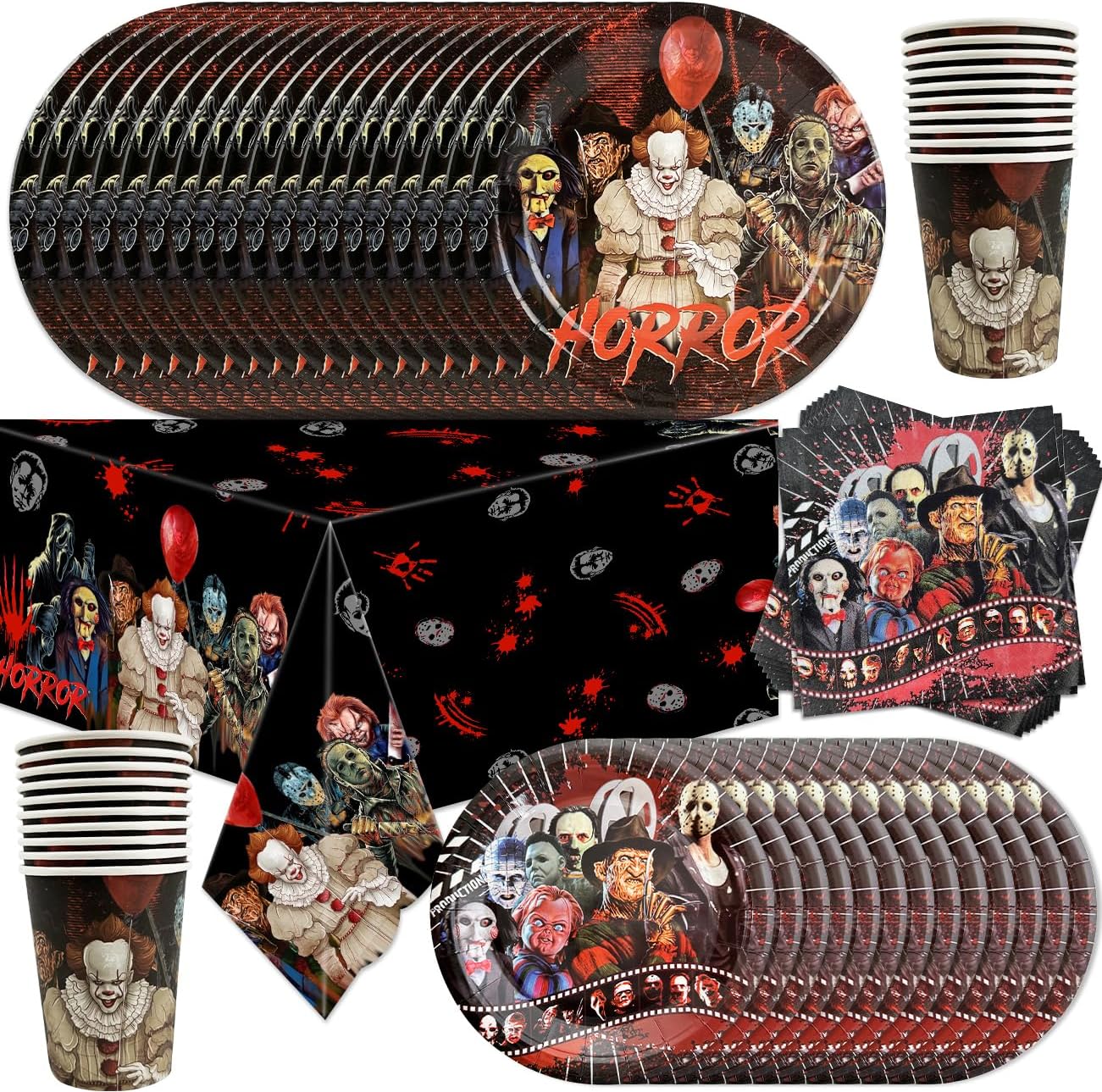 Horror Birthday Party Decorations, 81Pcs Horror Theme Party Tableware Set Include 1 Tablecloth 40 Plates 20 Napkins 20 Cups Horror Party Decorations for Halloween