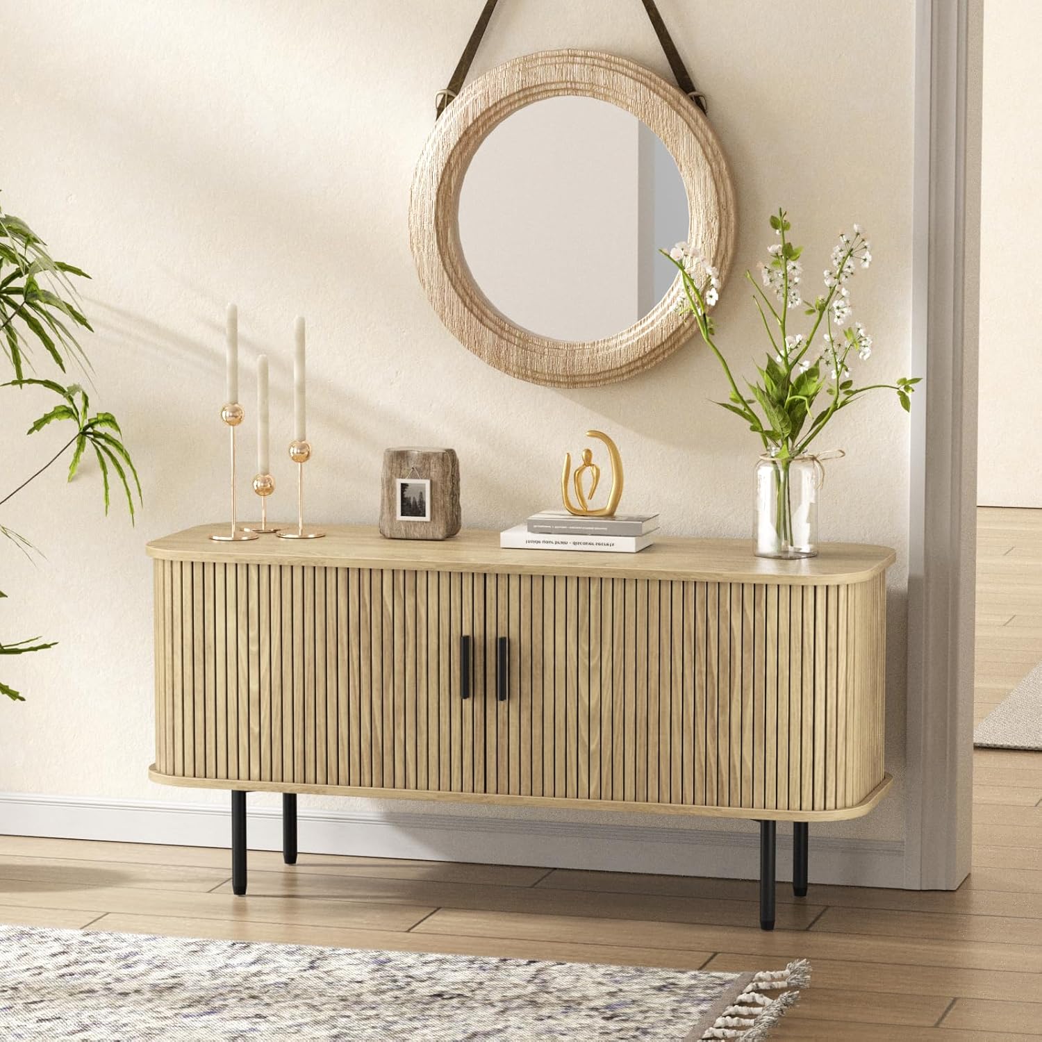 47''W Natural Storage Cabinet, Media Console, Tambour TV Stand; Sliding Door, Fluted Cabinet, Buffet Sideboard, Credenza, Table Stand for Living Room, Kitchen