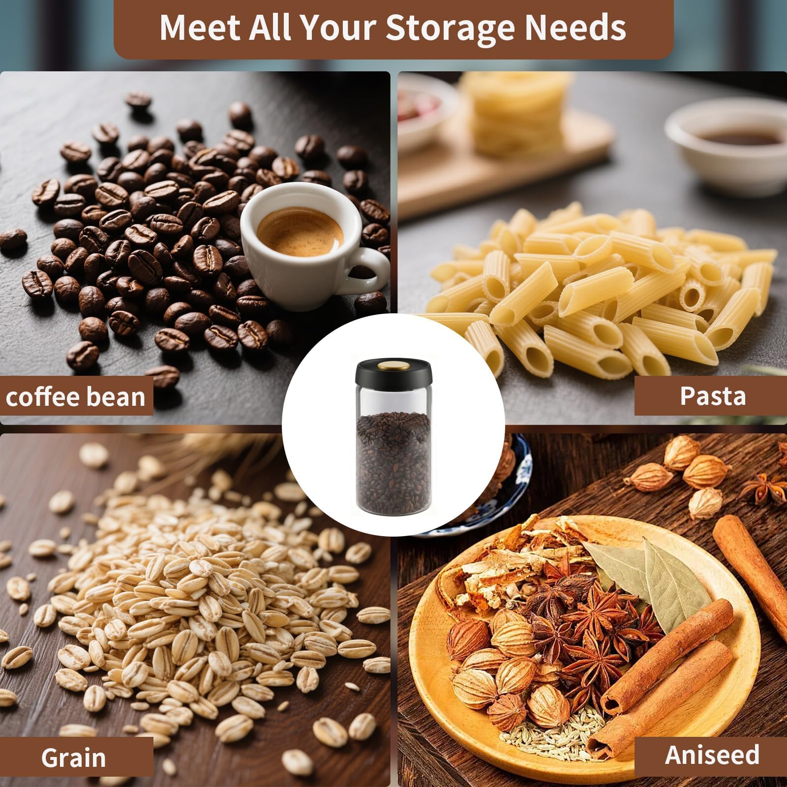 Bote Hermetico para Cafa en Grano 1,8 L, Recipiente de Vidrio con Tapa Negra y Boton Dorado de Vacio, Recipiente Café para Guardar Como Lata Aromática, Café, Té, Nueces y Reservas — view 7