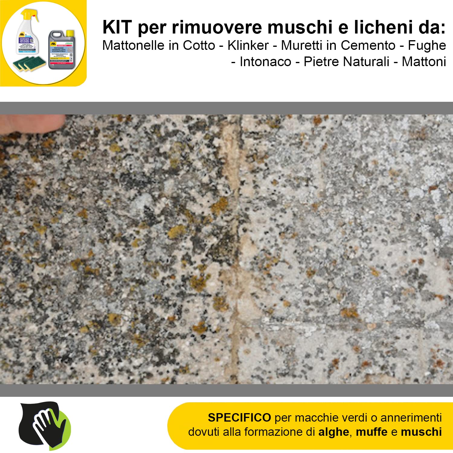 MASTERBRICO Kit Pulizia con Algaenet 500ml + Hydrorep Eco 1L + Spugne – Detergente Anti Alghe + Protezione Idrorepellente Ecocompatibile Per Rimuovere Muschi da Cemento, Fughe, Mattoni, Klinker, Tufo