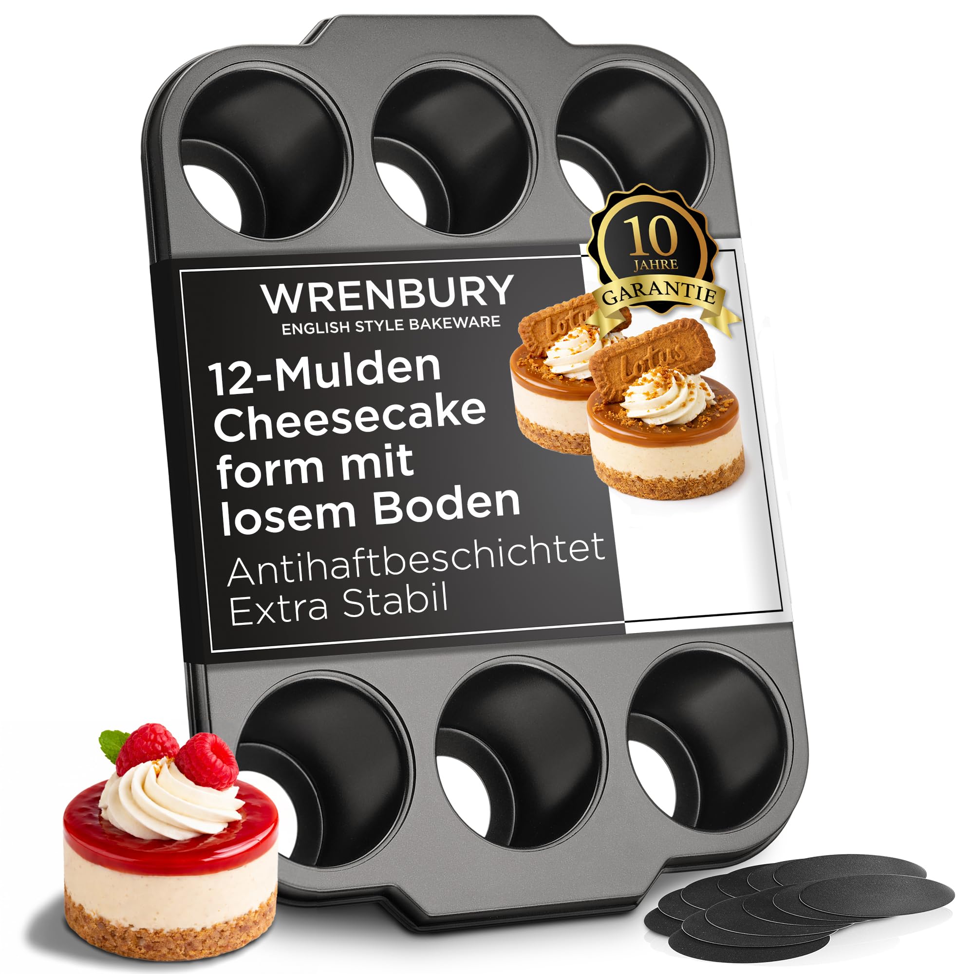 Wrenbury Mini Käsekuchenform 12er mit Losem Boden – Antihaft Karbonstahl Törtchen Formen PFOA-Frei – Kuchenform Ofenfest bis 230°C – für Cheesecake, Muffins & Törtchen