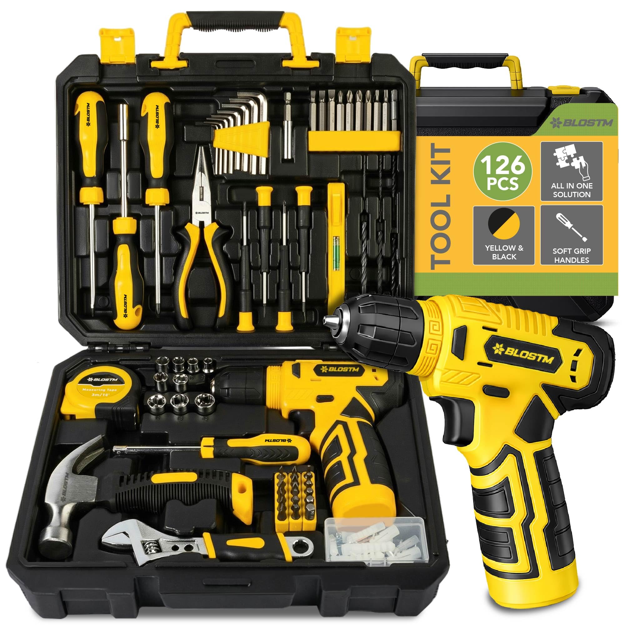 BLOSTM 126 Piece Tool Kit with Drill - Home Tool Set with 8V Cordless Drill & Essential Hand Tools for DIY, Household Repairs - Portable Plastic Tool Box, Screwdrivers, Bits, Pliers & More (Yellow)