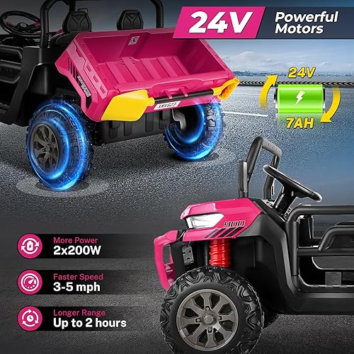Miniatura 3 de Hikole Camión volquete de 24 V, auto eléctrico UTV de 2 plazas para niños con control remoto para padres, ruedas de automóvil eléctricas, motores de