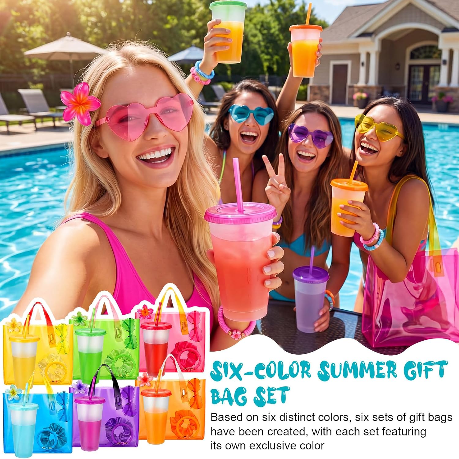 36 Pcs Summer Pool Party Favors Include Plastic Color Changing Cups with Lids Straws Gift Bags Bracelets Sunglasses Hair Scrunchies Flower Hair Clips, Summer Gifts End of School Graduation Gifts