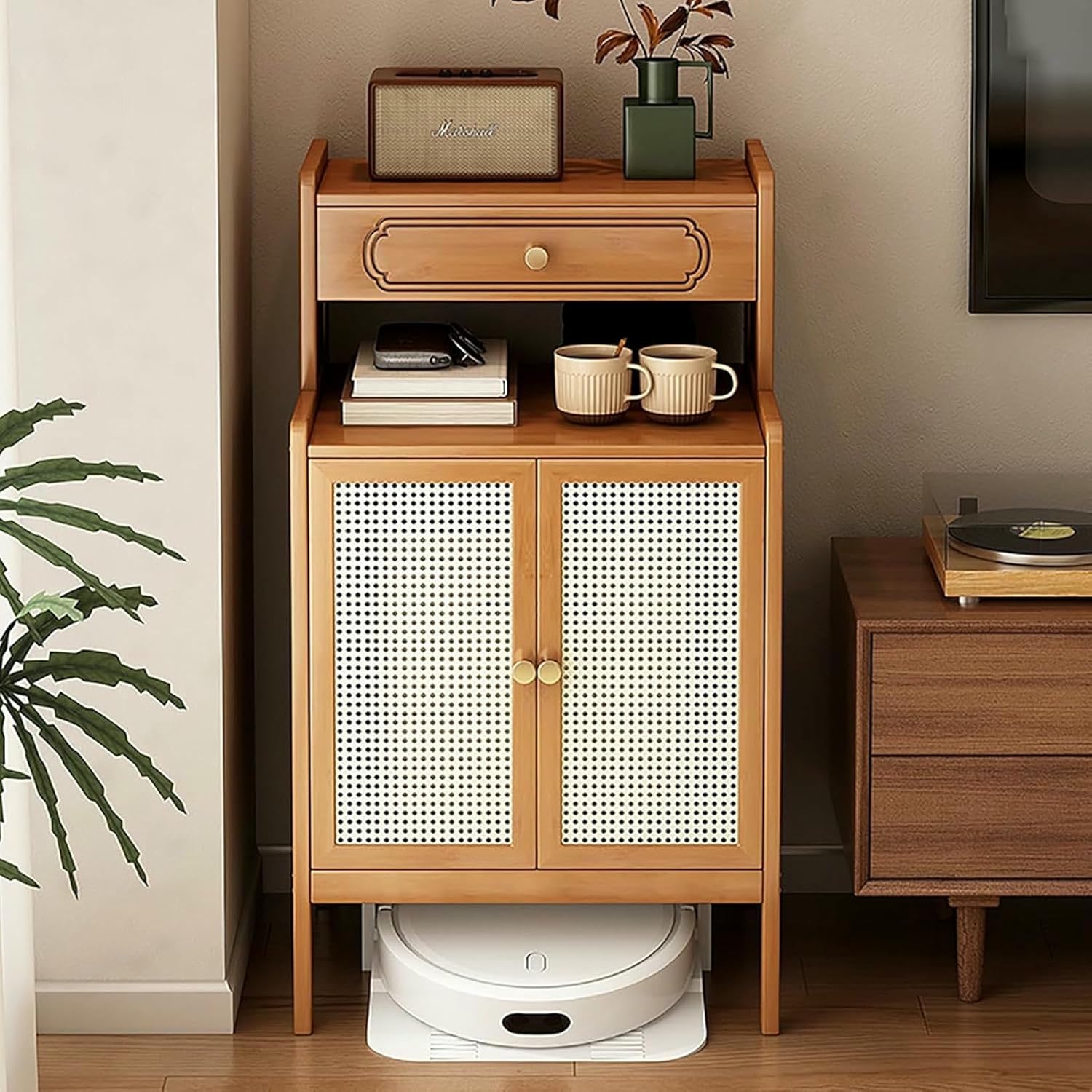 Bamboo Robot Vacuum Stand Cabinet Smart Floor Sweeper Hidden Storage Rack, Multi Tier End Table for Living Room Dining Room Kitchen Home Office