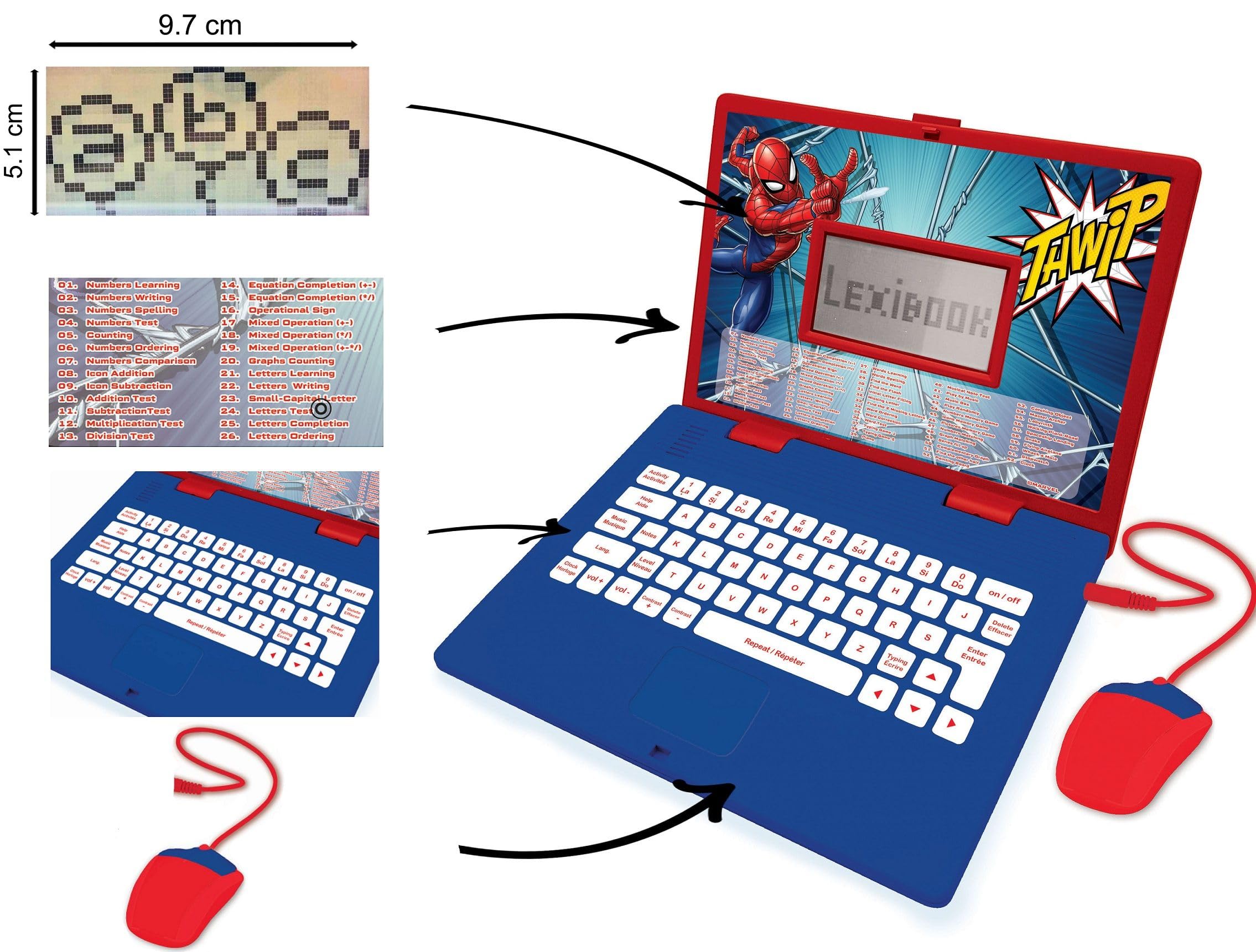 Lexibook Disney Marvel Spider-Man - Computer educativo Bilingue Francese/Inglese - Giocattolo per bambini con 124 attività per imparare, divertirsi e suonare pianoforte - Blu/Rosso, JC598SPi1LXB