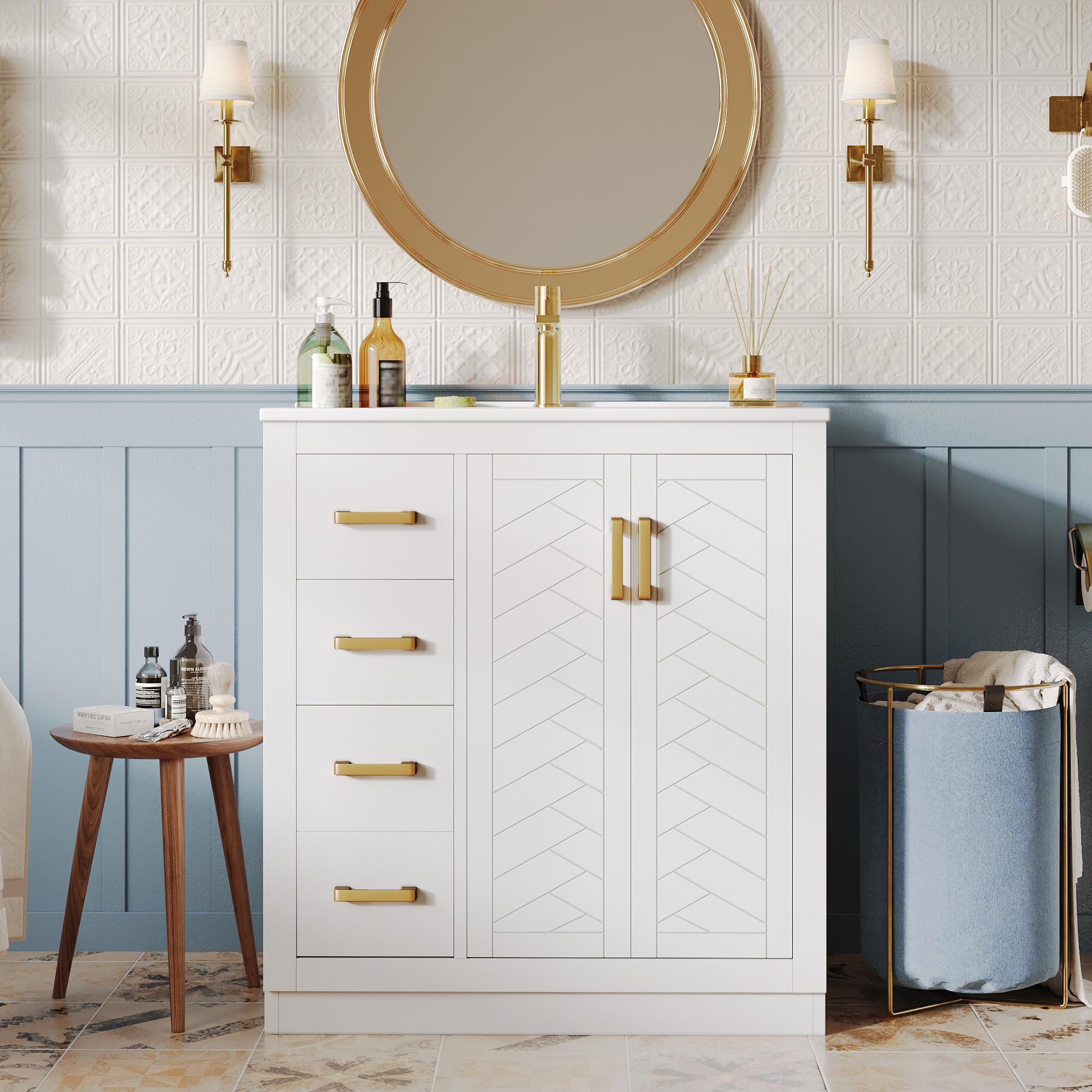 Mobile sottolavabo, 76,5 × 46,5 × 84,5 cm con 3 cassetti e ripiano laterale, armadio da bagno con molto spazio, cerniere e piscine in ceramica, colore: bianco