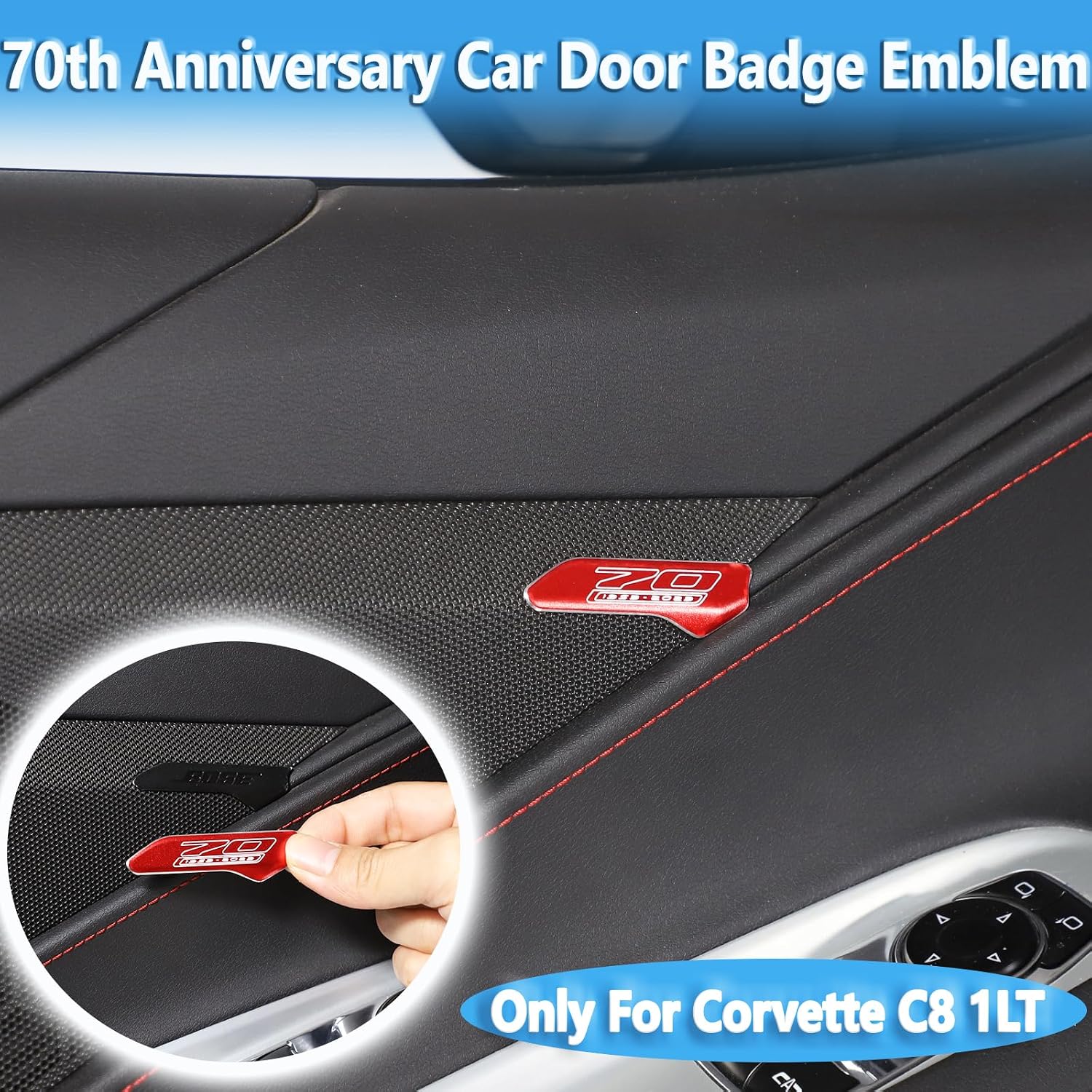 Car Door Speaker Badge,Inner Door Panel Emblems Trim 2PCS,Aluminum 70th Anniversary Edition Emblem Badge Compatible with Chevrolet Corvette C8 1LT 2020-2024 Accessories (Red)