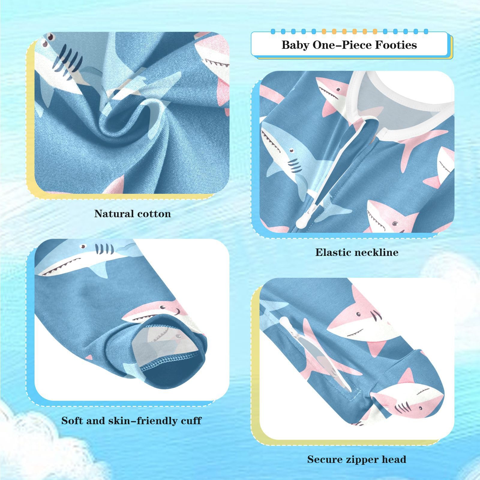 Wusikd Sharks One-Piece Footies Blue Bodysuit Rompers Zipper for Boys Girls 9M