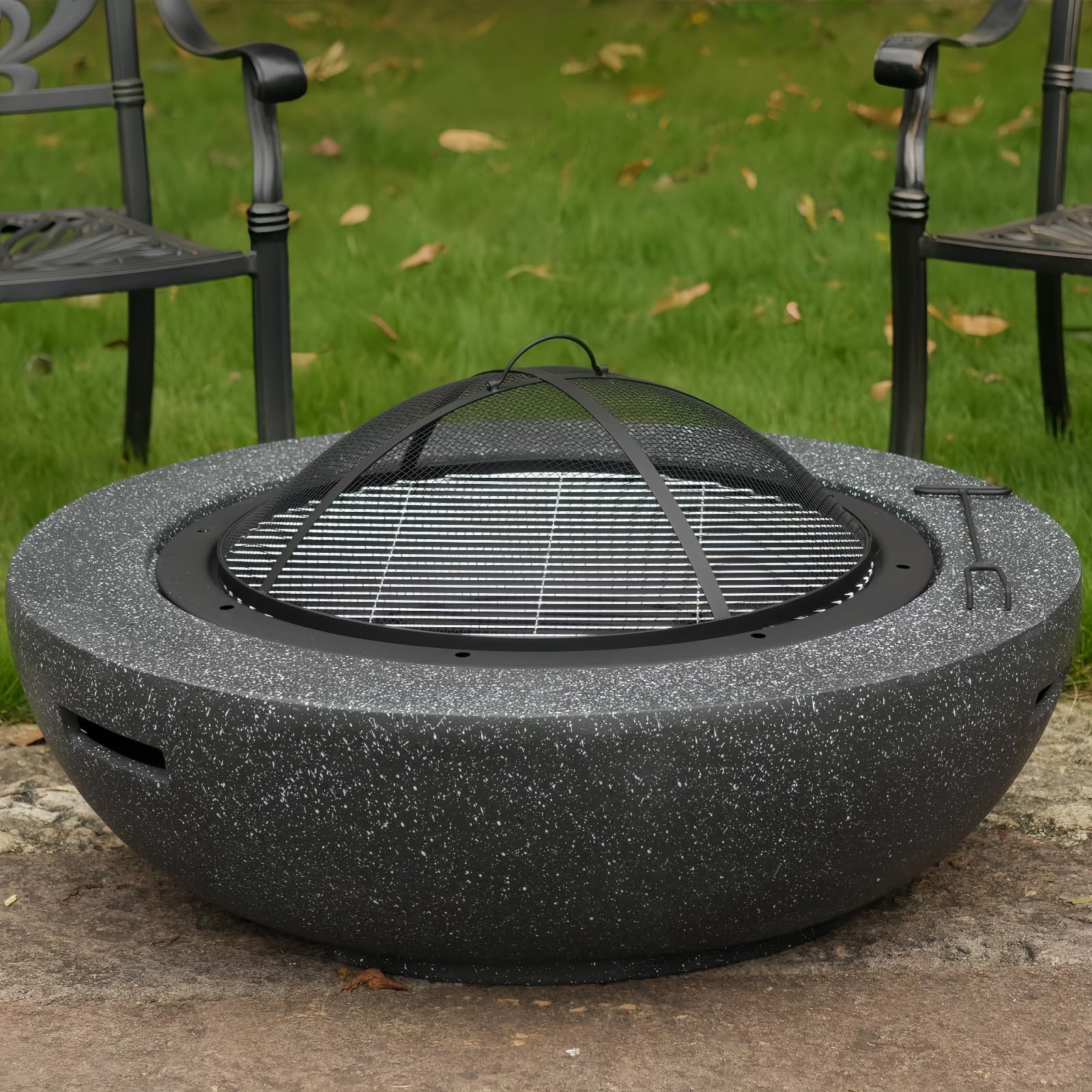 Outdoor Concrete Round Fire Pit,Large Wood Burning Firepit -Black
