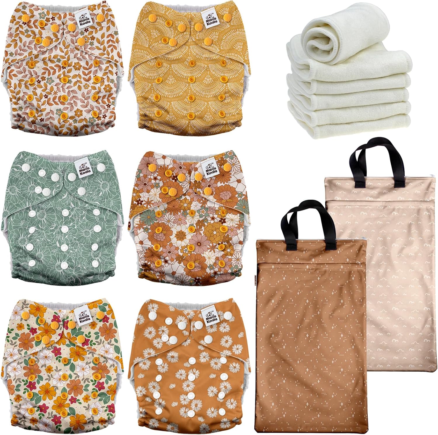 Mama Koala 3.0 Baby Cloth Diapers with 6 Inserts Bundle, with 2 Pack Reusable Hanging Wet Dry Bag