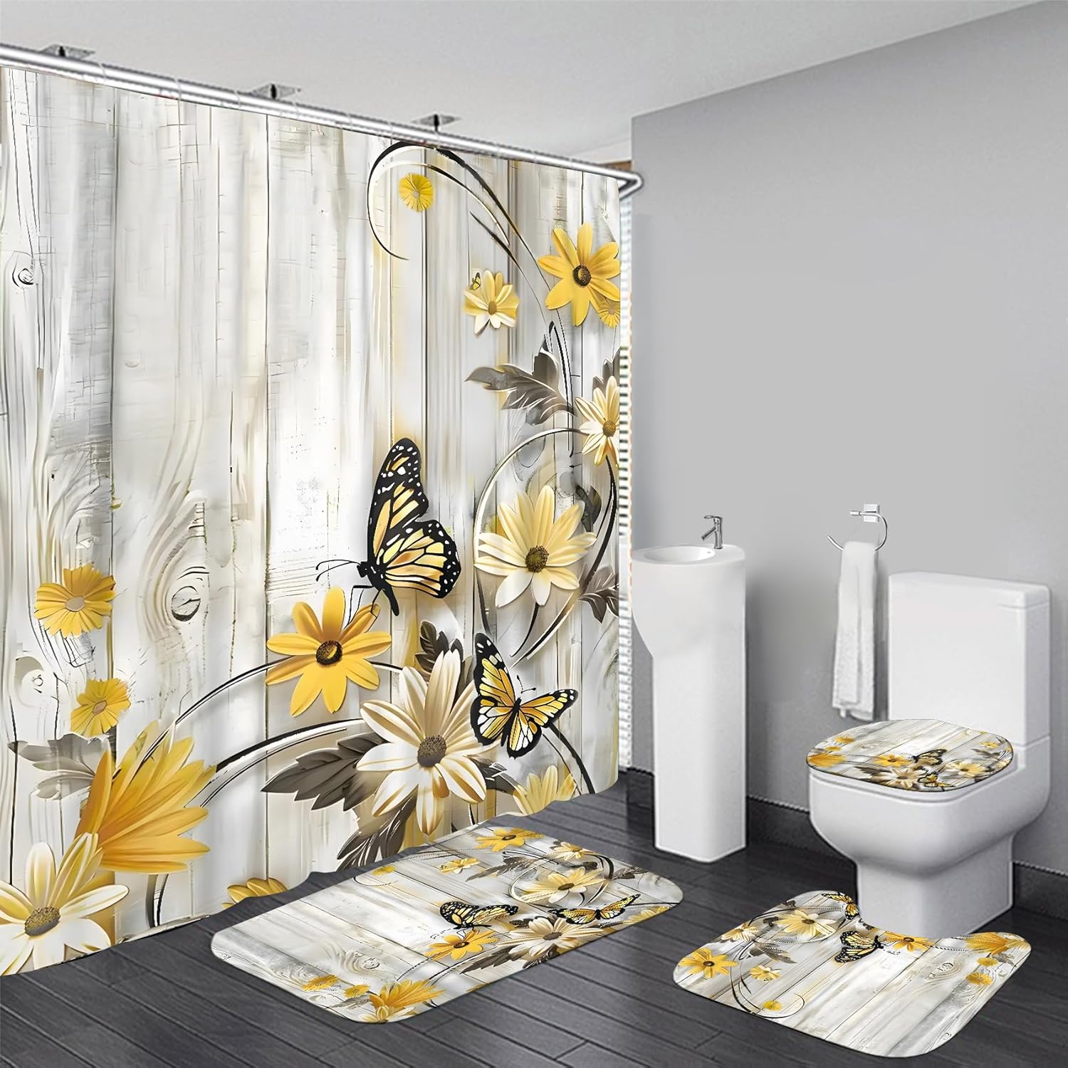 AZHM Yellow Daisy Floral Shower Curtain Set Butterfly Farmhouse Country for Bathroom Decor Set with Rugs Toilet Lid Cover and Bath Mat