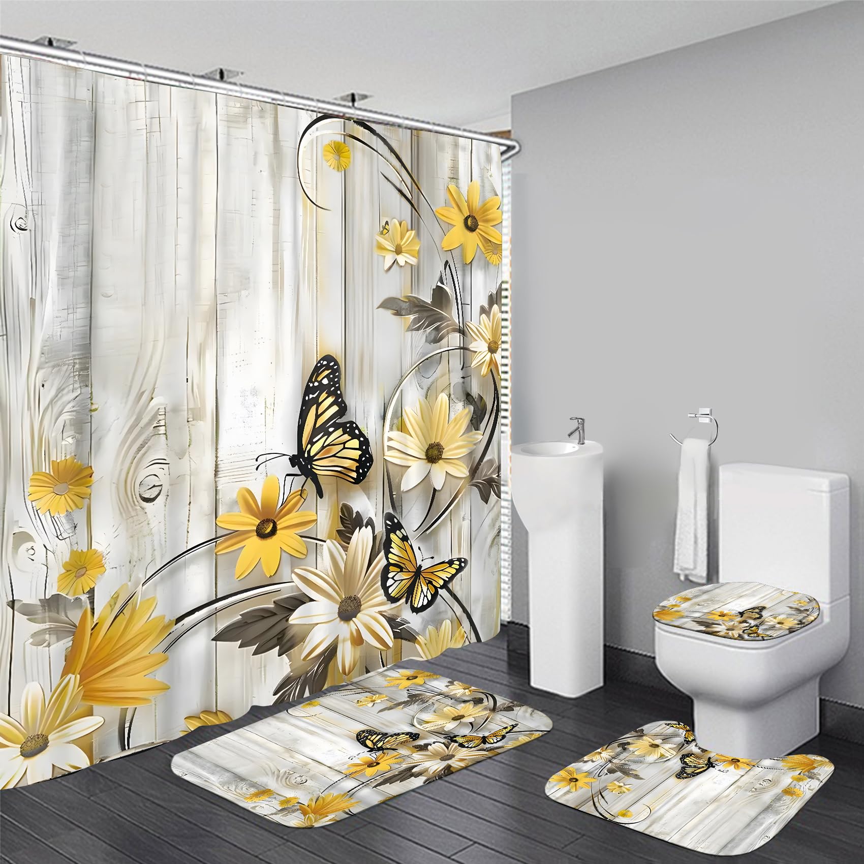 Juego de cortina de ducha con diseño floral de margaritas amarillas, diseño de campo de mariposa para decoración de baño, juego con alfombras, tapa de inodoro y alfombrilla de baño