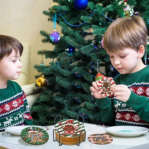 Miniatura 4 de 12 posavasos de arte de diamantes de Navidad, clásicos con elementos de Navidad, posavasos de pintura de diamantes con soporte, kit de pintura de