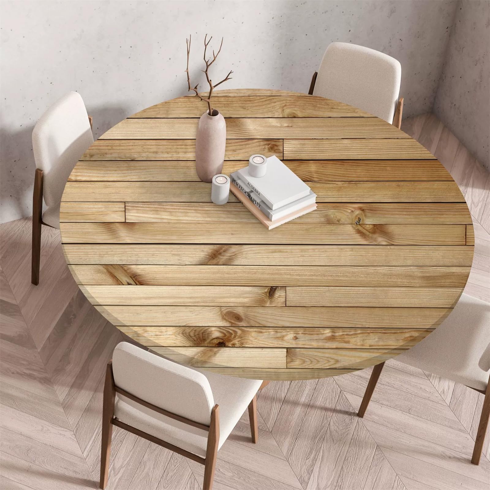 Tree Wipeable Table Cloth Round Tablecloth Protector, Woodgrain Effect Texture Elastic Edged Fitted Backed Splash-Proof Table Cover Washable for Dining Room Kitchen Picnic Party (Light Brown,100cm) — image 1