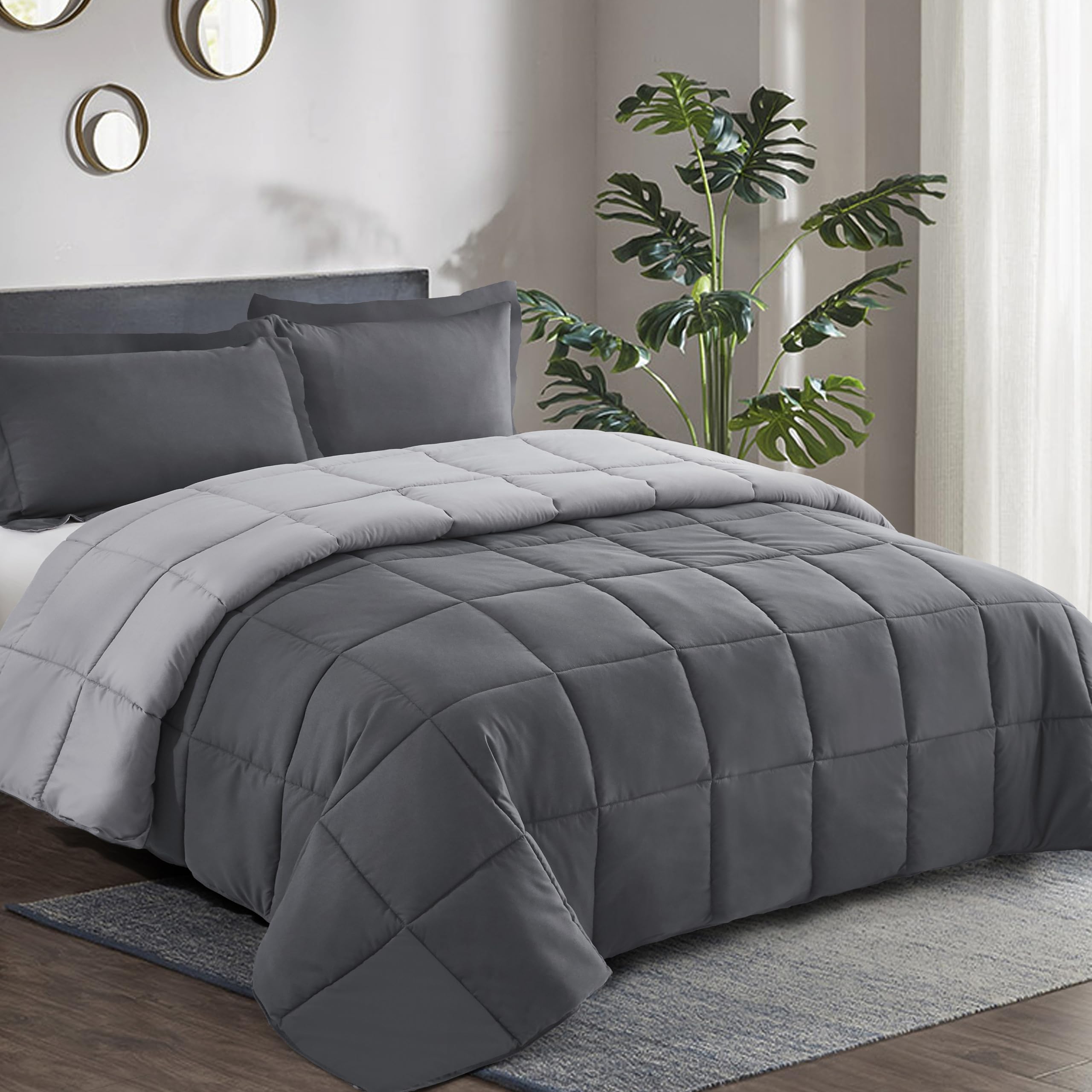3pc Grey Queen Size Comforter Set - All Season Reversible Down Alternative Comforter with Two Shams - Quilted Duvet Insert with Corner Tabs - Box Stitched Blanket - Breathable, Soft