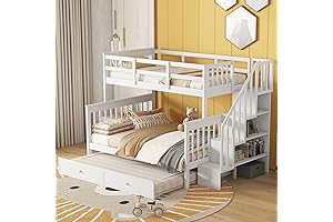 Full Over Twin Stairway Bunk Bed with Trundle Drawers Space Saving Wood Bunkbed