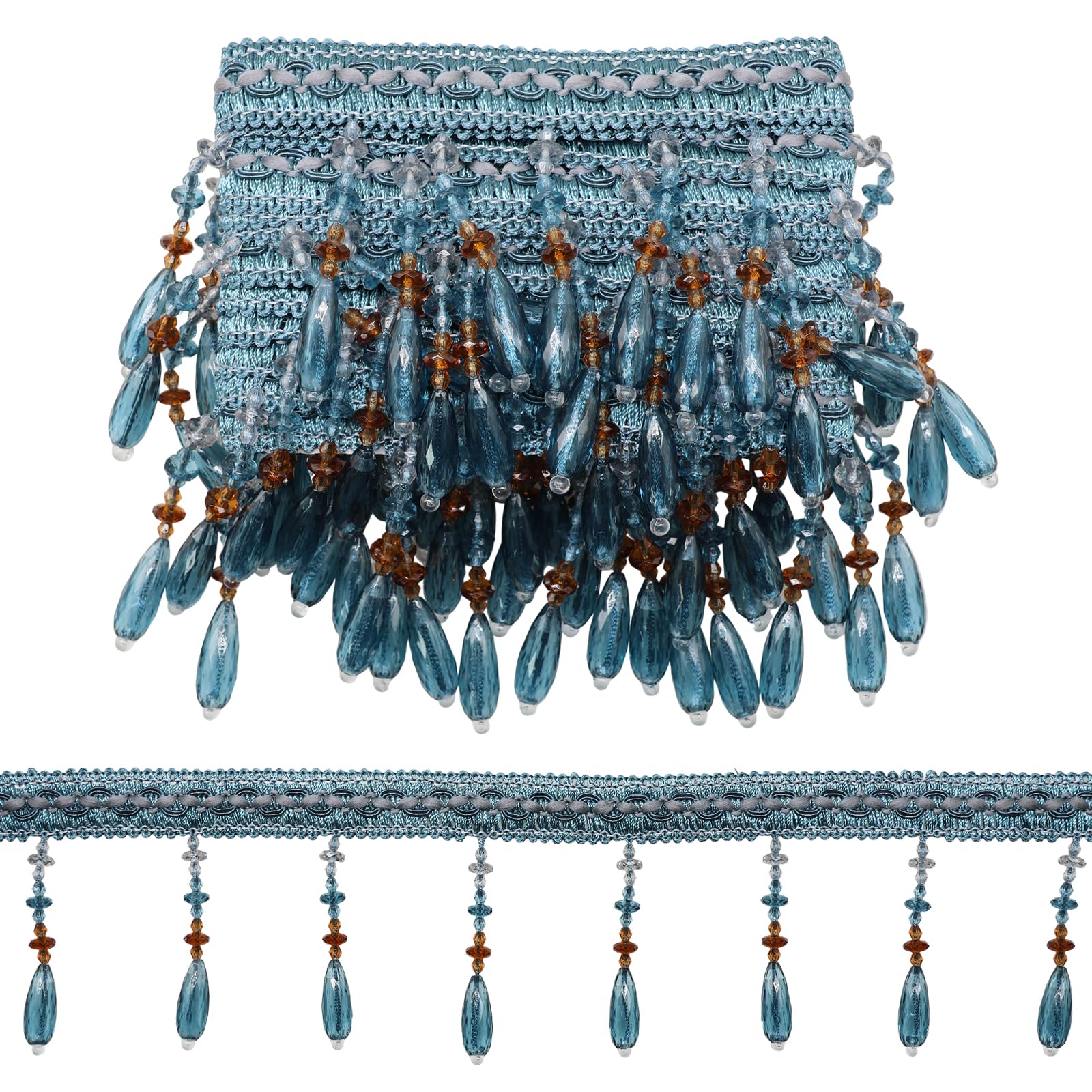 Yalulu 4 Yards Beading Fringe Tassel Trimming, Crystal Beads Tassel Hanging Fringe Beads Curtain Edge Sewing Lace Trim (Grey-Blue)