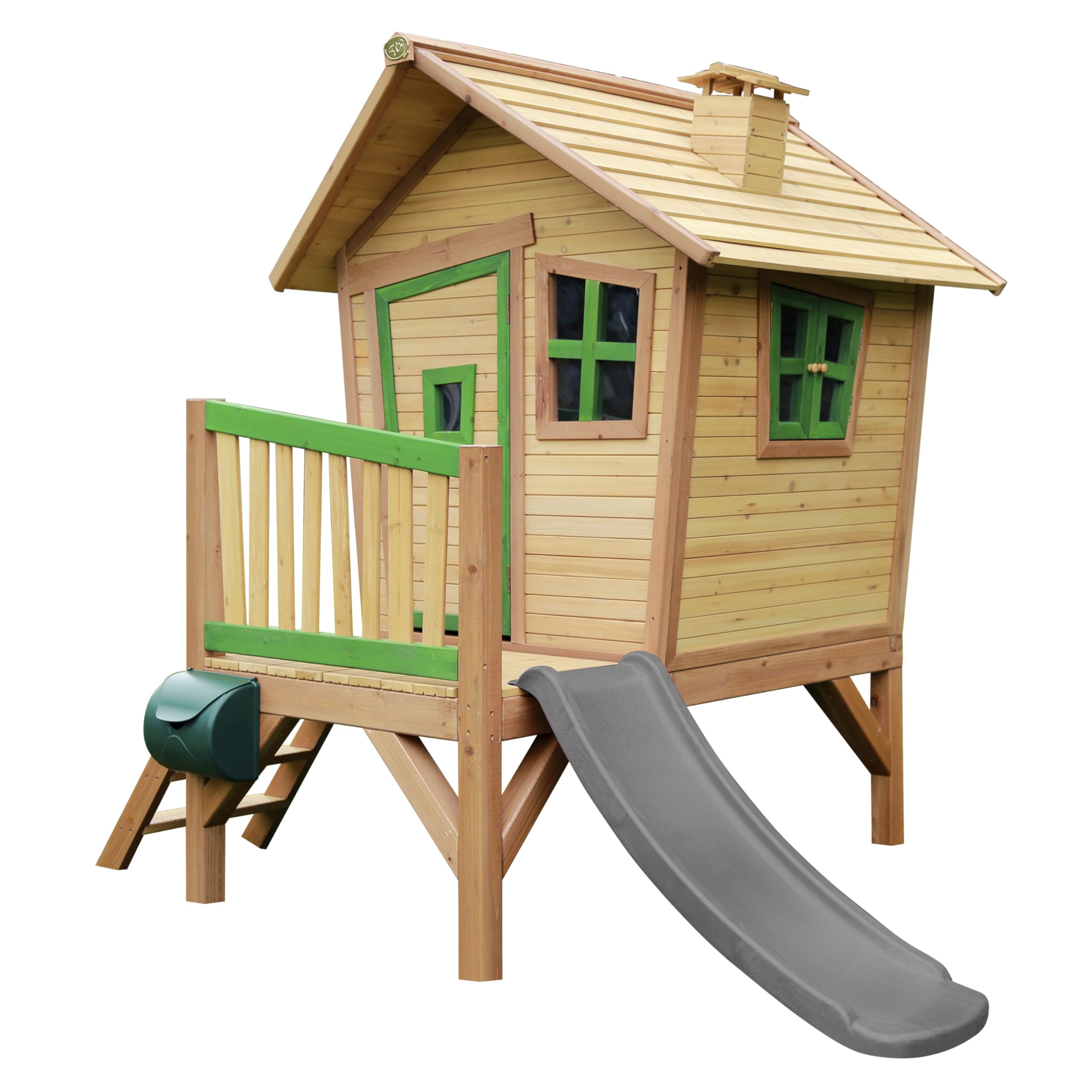 AXI Spielhaus Robin mit Grauer Rutsche – Stelzenhaus aus FSC-Hemlock-Holz (Braun & Grün)