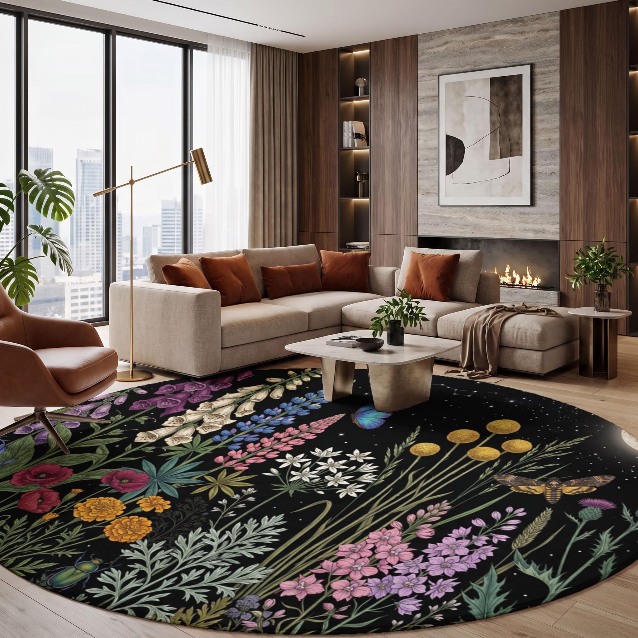 Tapis Rond Fleurs Sauvages De Pleine Lune 100 cm Lavable Machine