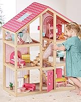 TinyLand Wooden Dollhouse for Girls Ages 3+ - 6 Rooms DIY Doll House with 31 Furniture Pieces, Creative Pretend Play Gift