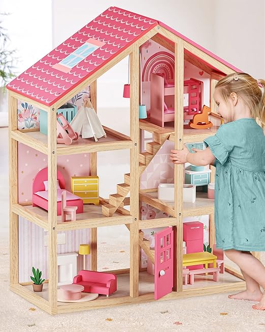 Tiny Land Wooden Dollhouse for Girls - 6 Rooms Wooden Doll House, DIY Pretend Doll House with 32Pcs Furniture Accessories, Creative Gift for Girl Ages 3+