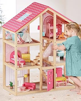Tiny Land Wooden Dollhouse for Girls - 6 Rooms Wooden Doll House, DIY Pretend Doll House with 31Pcs Furniture Accessories, Creative Gift for Girl Ages 3+