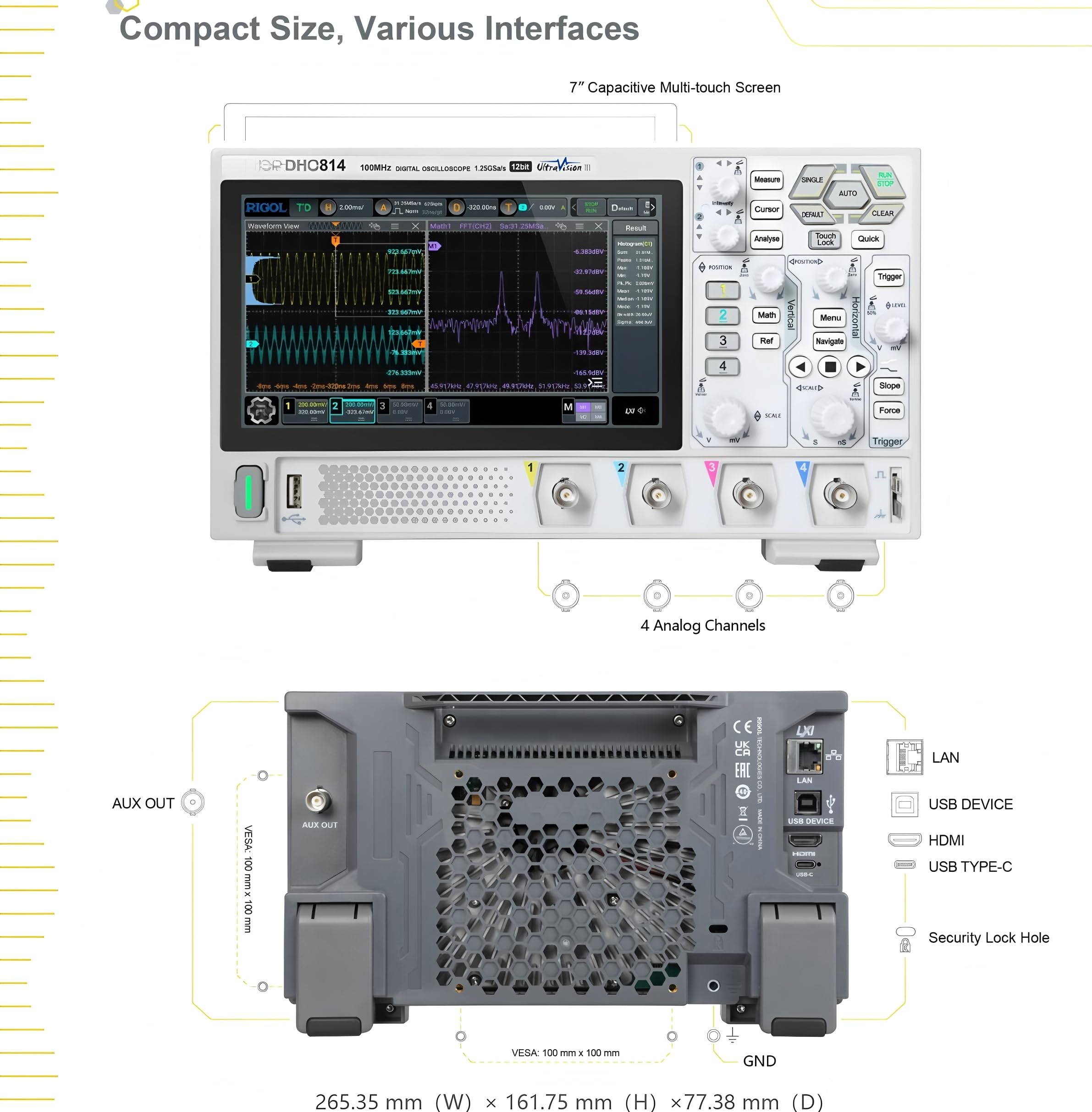 Oscilloscopio a 4 canali con larghezza di banda 70 MHz, frequenza di campionamento 1.25 GSa/s, convertitore A/D a 12 bit, profondità di memoria 25 Mpts e display touch da 17 (DHO804)