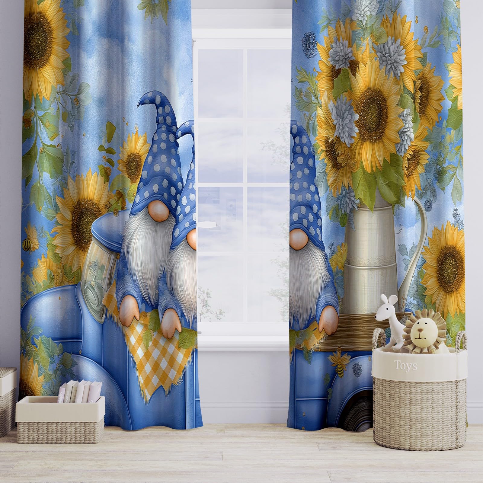 Générique Rideaux Occultants Enfant Nains Tournesols 110 x 215 cm (L x H), Isolation Phonique à Œillets Camions Abeilles, pour Chambre Garçon (2 Panneaux) Bleu Clair